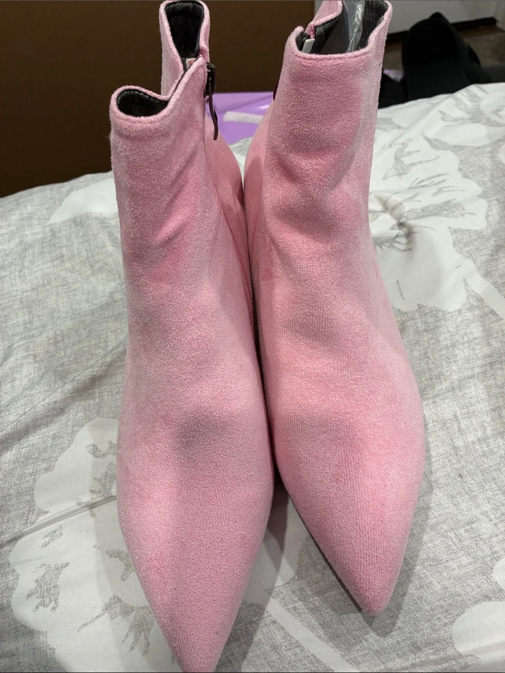 Pink Suede Pointed-Toe Ankle Boots